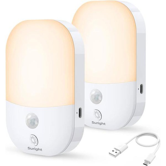 Veilleuse Type-C Rechargeable, 2 Pack Veilleuse avec，DétecteurVeilleuse Enfant pour Chambre, Escalier, Couloir, 2800K Blanc Chaud