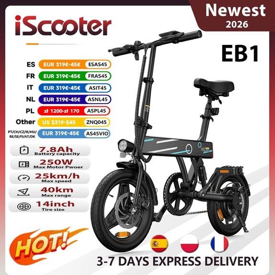 Vélo électrique iScooter EB1, moteur 250 W, batterie au lithium 36 V 7,8 Ah, vélo électrique de ville à grande vitesse de 25 km avec pliable de 14 pouces pour adultes