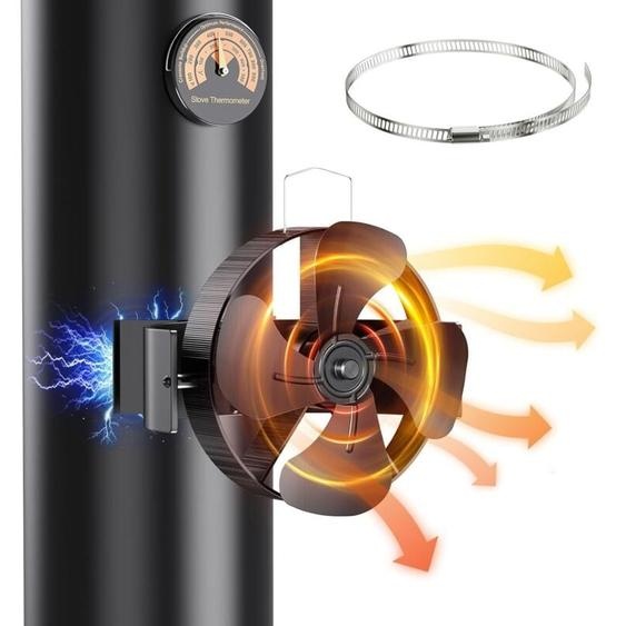Ventilateur de poêle magnétique à 4 pales, rotation à 180° avec thermomètre, circulation dair chaud pour granulés/bois/cheminées