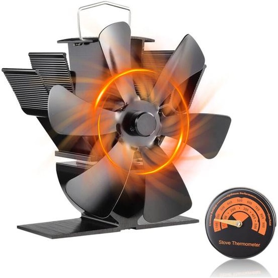 Ventilateur Poele à Bois 6 Pales, Ventilateur Cheminée avec Thermomètre, Ventilateur de Poêle à Bois Opération Silencieuse, Ventilateur à Bois Pour