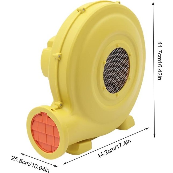 Ventilateur radial, souffleur, château gonflable, 950W, jaune. Souffleur électrique avec grande surface de base et ouverture dair. Ventilateur de ventilation