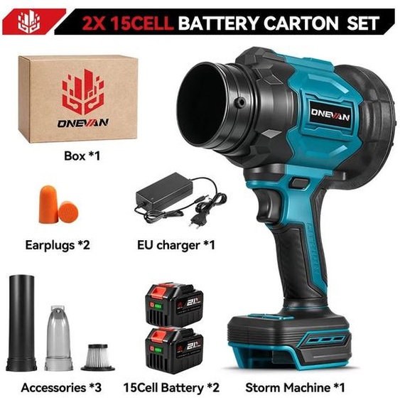 Ventilateur turbo électrique – Souffleur dair haute pression – 350 m/s – 6 vitesses – Moteur sans balais – Fonctionnement sur batterie – 2 batteries de grande capacité