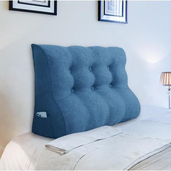 VERCART Coussin de Lecture, Coussin de Tête de Lit, Coussin à Coins, Oreiller de Soutien du Dos, Lin Bleu 100CM