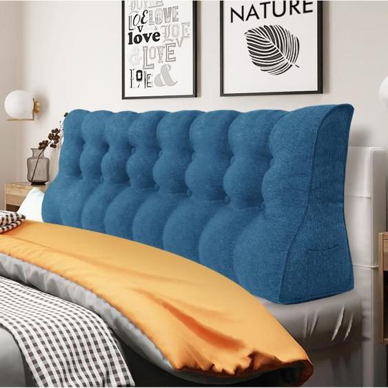 VERCART Coussin de Lecture, Coussin de Tête de Lit, Coussin à Coins, Oreiller de Soutien du Dos, Lin Bleu 200CM