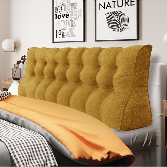 VERCART Coussin de Lecture, Coussin de Tête de Lit, Coussin à Coins, Oreiller de Soutien du Dos, Lin Jaune 200CM