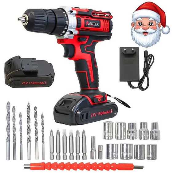 Vertex 21V Cordless Drill/Driver | Charger + 2 Batteries + Kit daccessoires dans une valise : Perceuses, douilles, embouts, adaptateurs, rallonges