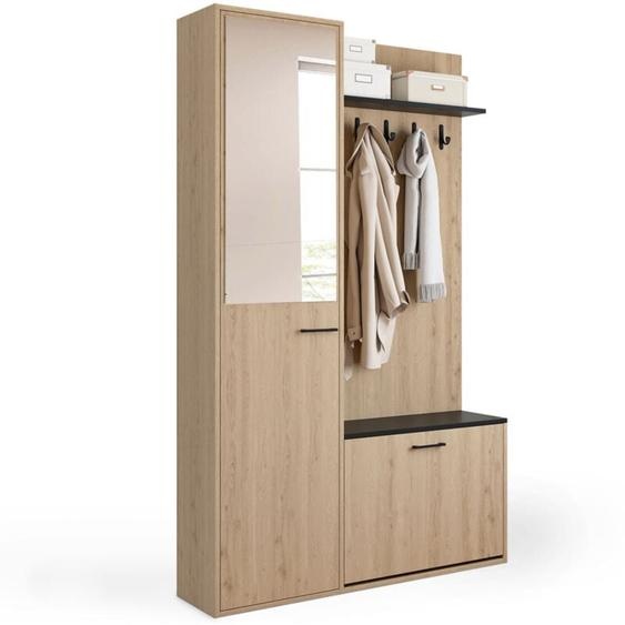 Vestiaire dentrée rangement chaussures avec miroir et étagères mahaut 1 porte effet bois et noir