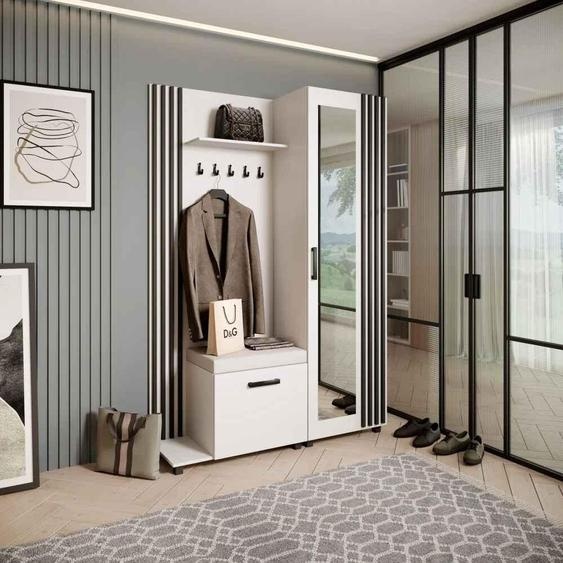Vestiaire Ensemble de vestiaires avec patères et miroir LIVIA, couleur : blanc+noir (Jasmine21), côté : gauche