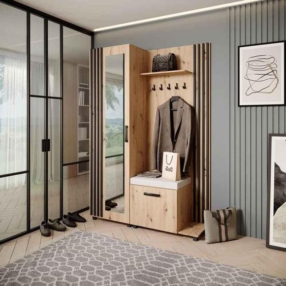 Vestiaire Ensemble de vestiaires avec patères et miroir LIVIA, couleur : chêne Artisan+noir (Jasmine21), côté : droite