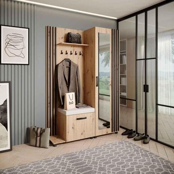 Vestiaire Ensemble de vestiaires avec patères et miroir LIVIA, couleur : chêne Artisan+noir (Jasmine21), côté : gauche