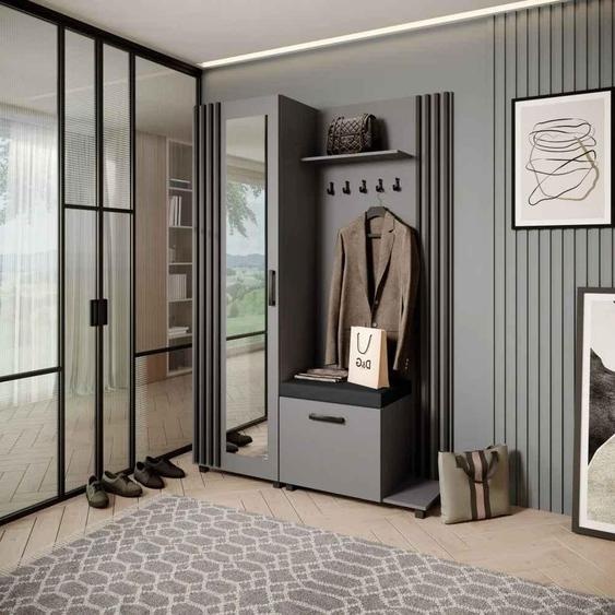 Vestiaire Ensemble de vestiaires avec patères et miroir LIVIA, couleur : graphite + noir (Jasmine100), côté : droite