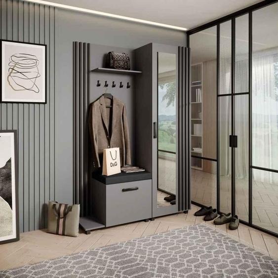 Vestiaire Ensemble de vestiaires avec patères et miroir LIVIA, couleur : graphite + noir (Jasmine100), côté : gauche