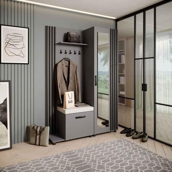 Vestiaire Ensemble de vestiaires avec patères et miroir LIVIA, couleur : graphite + noir (Jasmine21), côté : gauche