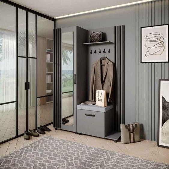 Vestiaire Ensemble de vestiaires avec patères et miroir LIVIA, couleur : graphite + noir (Jasmine90), côté : droite