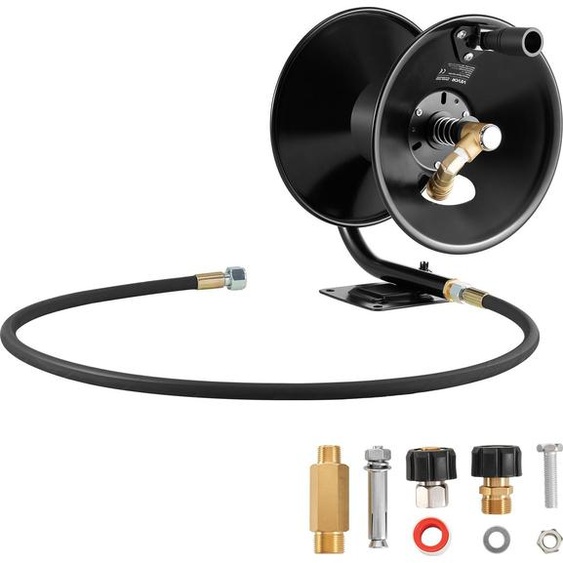 VEVOR Enrouleur de tuyau haute pression, 15,2m x 9,5mm, support en acier, enrouleur de tuyau pour nettoyeur haute pression, montage mural/sol/camion, 275 bar, manivelle manuelle pour le lavage de voitures/sols, jardin