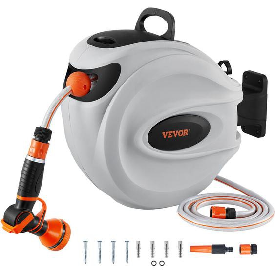 VEVOR Enrouleur Tuyau Arrosage Mural 20 m x 12 mm Support Pivotant 180° Devidoir de Tuyaux deEau Buse a 9 Modeles 3 Adaptateurs Rapides Rembobinage