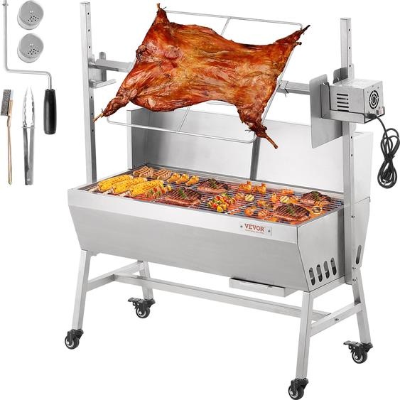 VEVOR Gril dagneau, gril de cochon de lait, gril de rôti à la broche, 61 kg gril à brochettes BBQ charbon de bois à roulettes pour porc, agneau, chèvre, moteur électrique 42 W, gril à brochettes rotatif en inox avec pare-brise