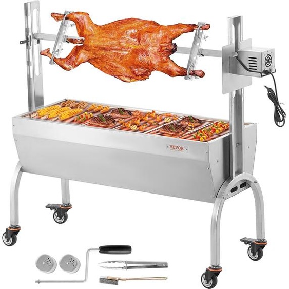 VEVOR Gril dagneau, gril de cochon de lait, gril de rôti à la broche, 90 kg gril à brochettes BBQ charbon de bois roulant pour porc, agneau, chèvre, électrique 52 W, grille à brochettes tournante en acier inoxydable avec pare-brise, 1185 mm