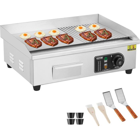 VEVOR Gril électrique commercial, 3200 W, gril semi-plat pour le plan de travail, température réglable de 50 à 300 °C, 54 x 30 x 1 cm, plaque de gril en inox avec 2 pelles et 2 brosses