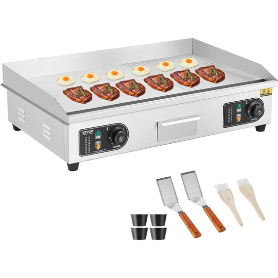 VEVOR Gril électrique commercial, 4400 W, gril semi-plat pour le plan de travail, température réglable de 50 à 300 °C, 72 x 39 x 1 cm, plaque de gril en inox avec 2 pelles et 2 brosses
