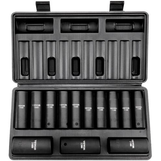 VEVOR Jeu de clés à douilles professionnelles en acier allié CR-V Jeu de 13 clés à douilles de 10 à 24 mm de profondeur Clé à chocs, HRC 42-48 Clé à douilles y compris coffret à outils, extracteur de vis métrique