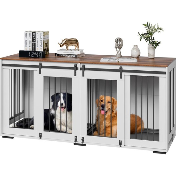 VEVOR Meuble pour box à chiens, convient pour 2 chiens, 1800x600x861 mm, double box à chiens, cadre en acier, double box à chiens pour petits, moyens et grands chiens, blanc