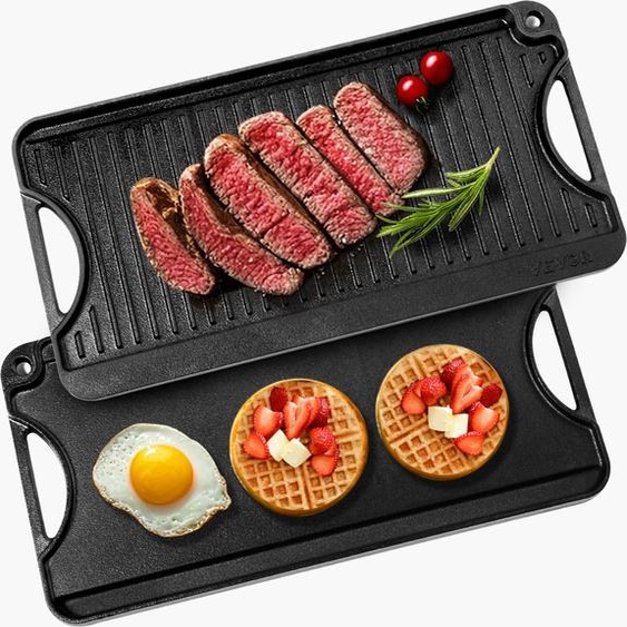 VEVOR Poêle à frire double face en fonte (492 x 218 mm), ustensiles de cuisine familiaux pour la cuisinière, griller à lintérieur/à lextérieur, noir