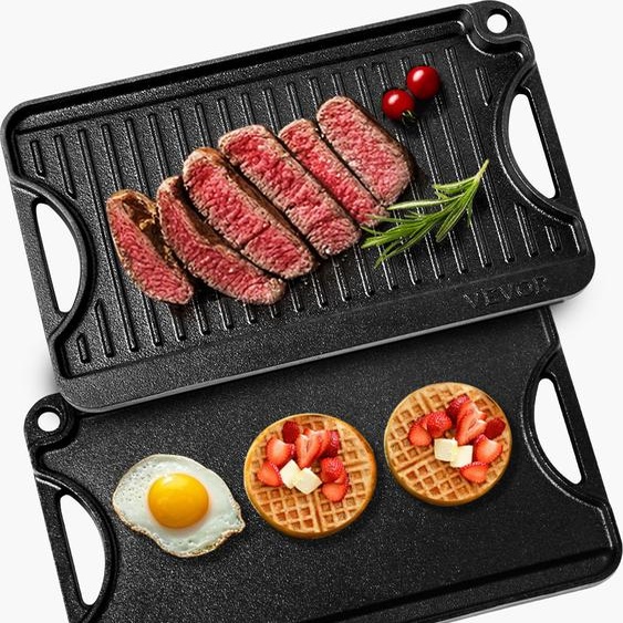 VEVOR Poêle à frire réversible en fonte (185 x 342 mm), Ustensiles de cuisine familiaux pour fourneaux intérieurs et extérieurs, Noir