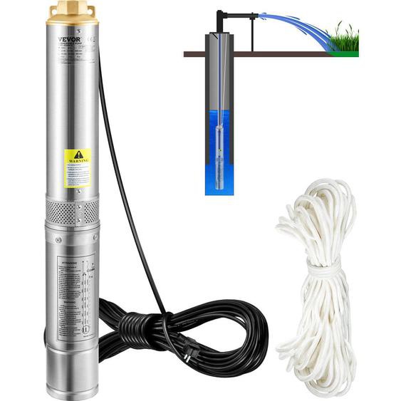 VEVOR Pompe Immergee pour Puits 105 L/min 62 m Pompe a Eau pour Puits Profond en Acier Inox, Pompe a Eau Electrique 750 W, Pompe de Puits Submersible