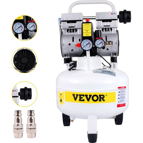 VEVOR Silent Compresseur silencieux 25L Compresseur dair 1HP/750W Compresseur silencieux sans huile 115PSI + 1,2m de câble Volume silencieux  58dB Compresseur dair 1440tr/min Idéal pour atelier pneus vélo
