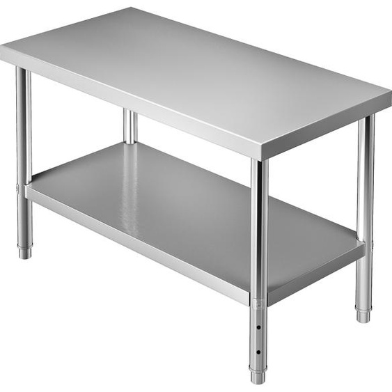 VEVOR Table commerciale en inox 122 x 61 x 86 cm, inox Table de travail à deux niveaux Table de découpe Gastro 150 kg + 100 kg de capacité de charge, table de cuisine commerciale, table de préparation réglable en hauteur