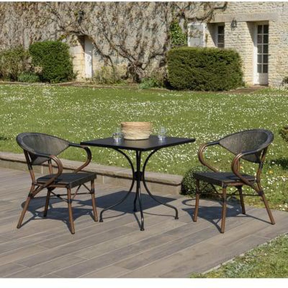 VIANNEY - Salon de jardin 2 personnes en acier - 1 table carrée 70x70cm et 2 chaises en textilène marron