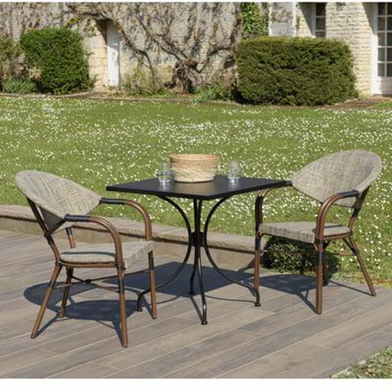 VIANNEY - Salon de jardin 2 personnes en acier - 1 table carrée 70x70cm et 2 chaises en textilène taupe