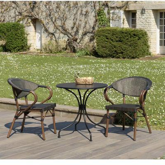 VIANNEY - Salon de jardin 2 personnes en acier - 1 table ronde 70x70cm et 2 chaises en textilène marron