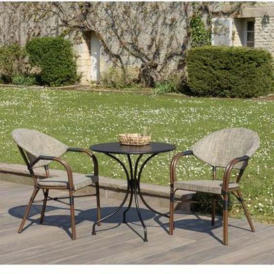VIANNEY - Salon de jardin 2 personnes en acier - 1 table ronde 70x70cm et 2 chaises en textilène taupe