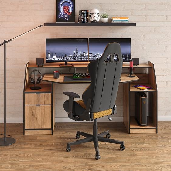 Vicco bureau Joel, 180 x 66 cm avec 1 tiroir et 1 porte, Chêne de force doré/Noir