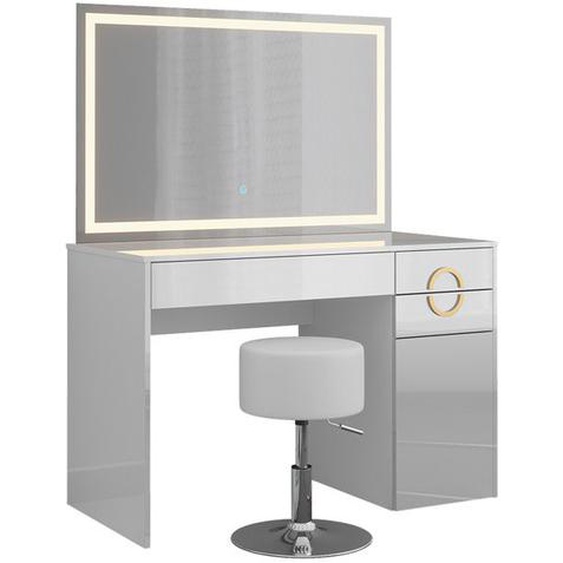 Vicco coiffeuse Adela, Blanc Haute brillance, 115 cm avec miroir LED et tabouret
