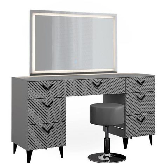 Vicco coiffeuse Anett, Gris, 150 cm avec miroir LED et tabouret