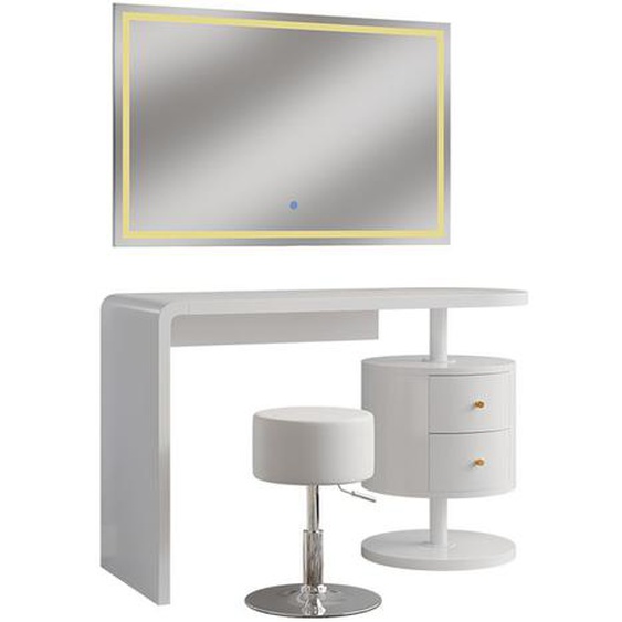Vicco coiffeuse Lara, Blanc Haute brillance, 120 cm avec miroir LED et tabouret