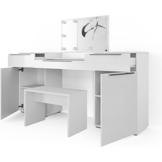 Vicco coiffeuse Lilli, 190 cm avec éclairage LED et banc, Blanc Haute brillance
