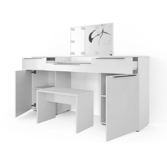 Vicco coiffeuse Lilli, Blanc Haute brillance, 190 cm avec éclairage LED et banc