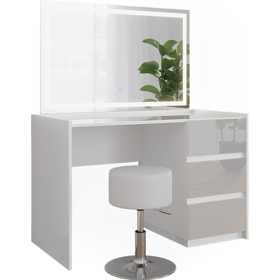 Vicco Coiffeuse Marla, 120cm avec miroir LED et tabouret, Blanc Haute brillance