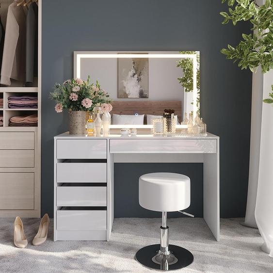Vicco Coiffeuse Sherry, 119.8cm avec miroir LED et tabouret, blanc/blanc brillant