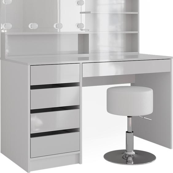 Vicco coiffeuse Sherry, 120 cm avec éclairage LED, tabouret et étagère miroir, Blanc Haute brillance