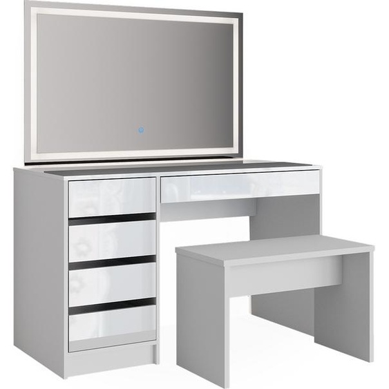 Vicco coiffeuse Sherry, 120 cm avec miroir LED et banc, Blanc Haute brillance