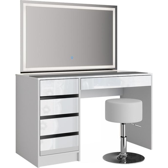Vicco coiffeuse Sherry, 120 cm avec miroir LED et tabouret, Blanc Haute brillance