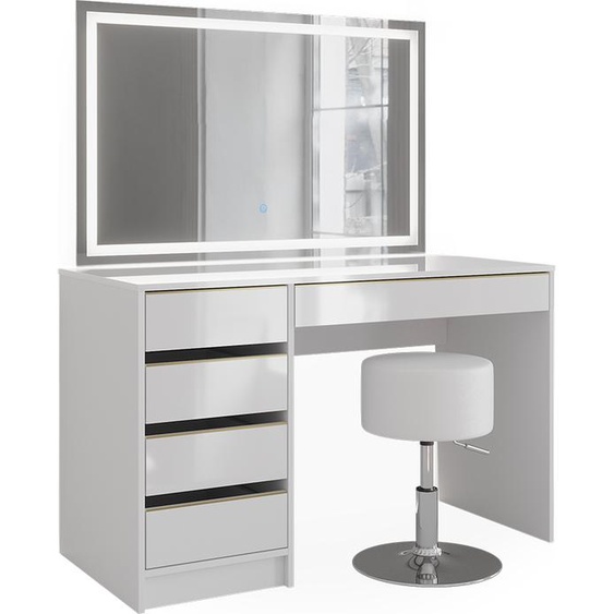 Vicco Coiffeuse Sherry, 120 cm avec miroir LED et tabouret, Blanc/Or