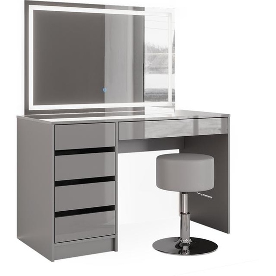 Vicco coiffeuse Sherry, 120 cm avec miroir LED et tabouret, Gris Haute brillance