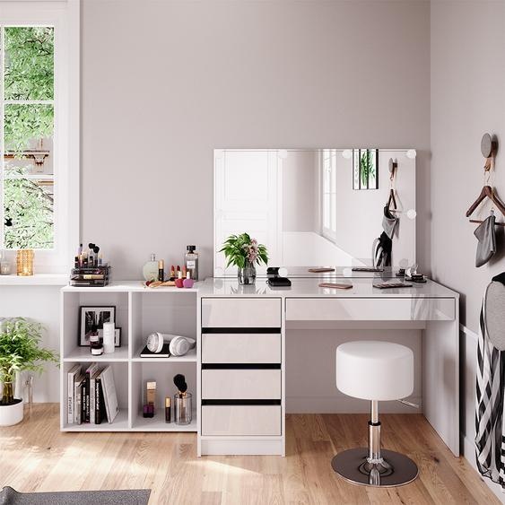 Vicco Coiffeuse Sherry, 120cm 4 pièces, avec étagère sur pied, miroir, tabouret, LED, Blanc