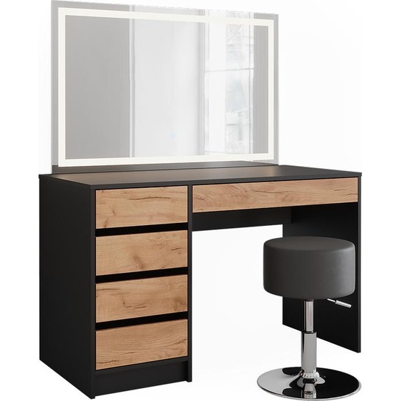 Vicco Coiffeuse Sherry, 120x75cm avec miroir LED et tabouret, Anthracite/chêne doré